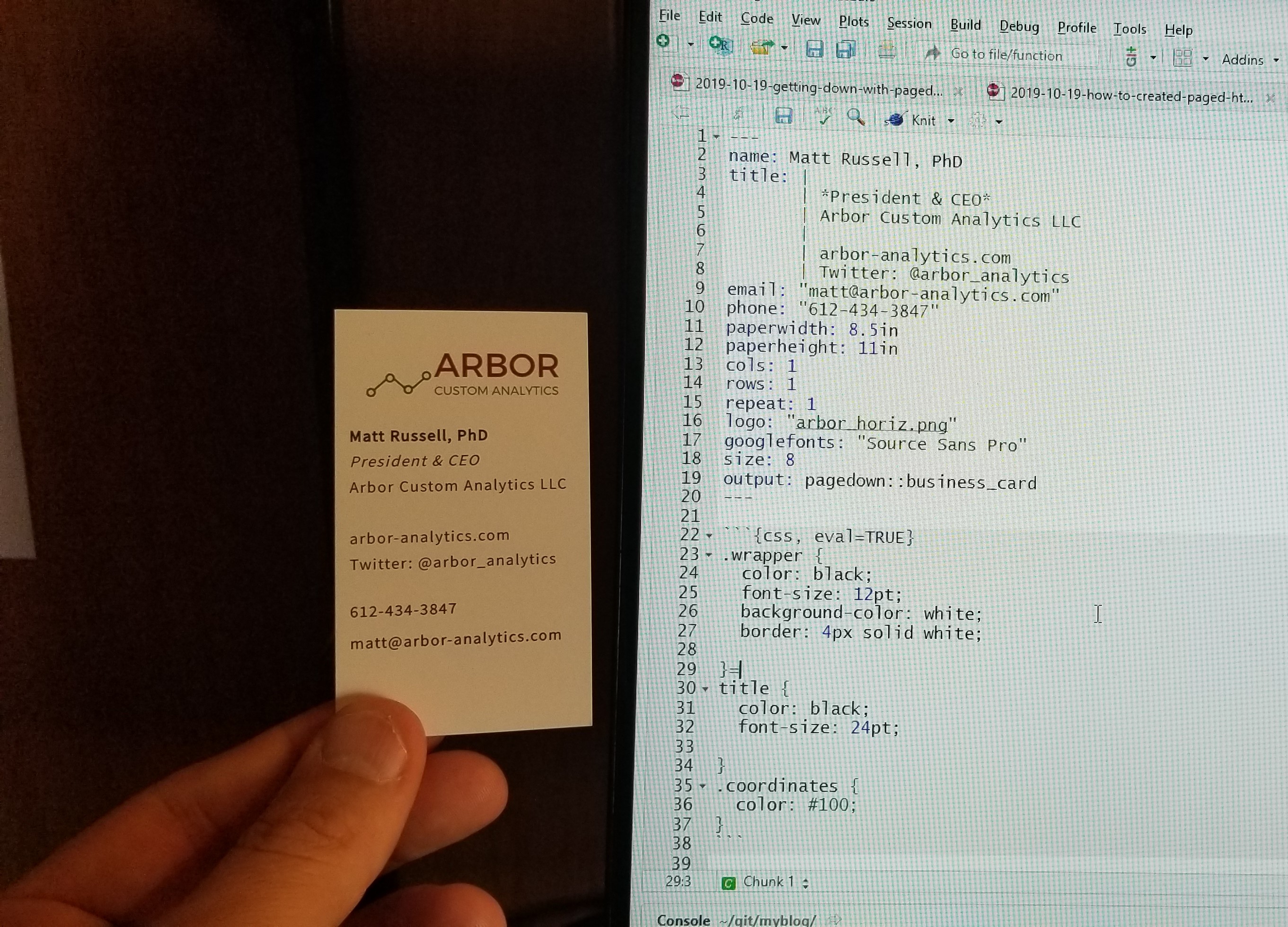 Matt’s business card and code created with pagedown.